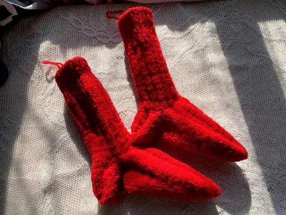 Antique Vintage Hand Knit Red Wool Socks // 8" fo… - image 1