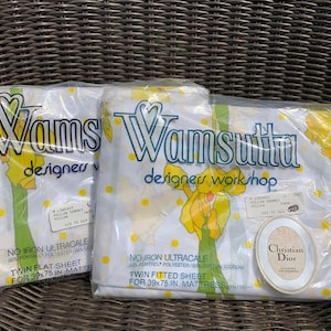 Vintage Christian Dior Wamsutta Yellow Sonnet Twin Fitted & Flat Sheets // 39x75&quot; &gt; Unopened original packages &gt; no-iron ultracale