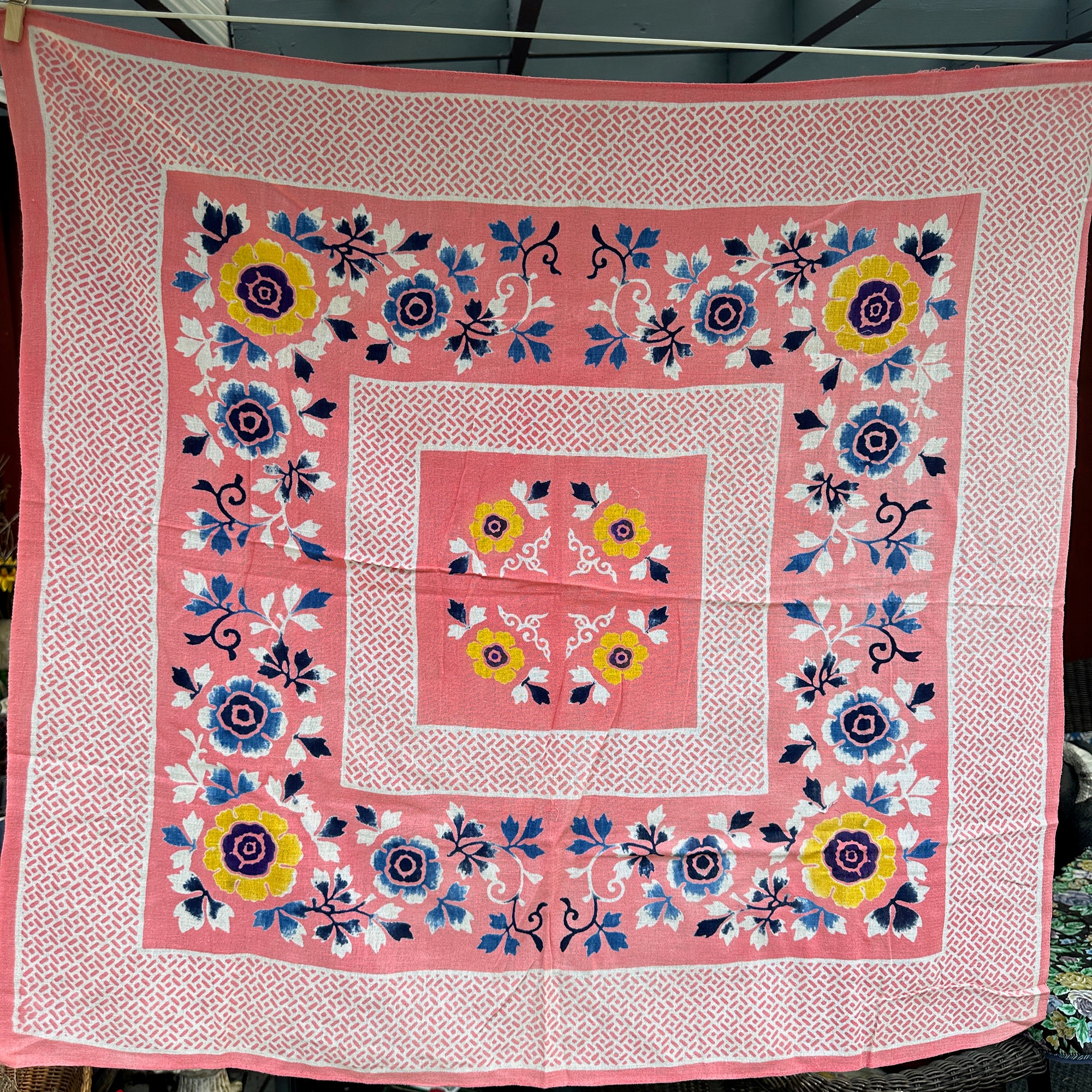 Vintage 1920s Floral Cotton Tablecloth 31x33 square printed flowers on gauzy cotton fabric pink blue yellow white Excellent