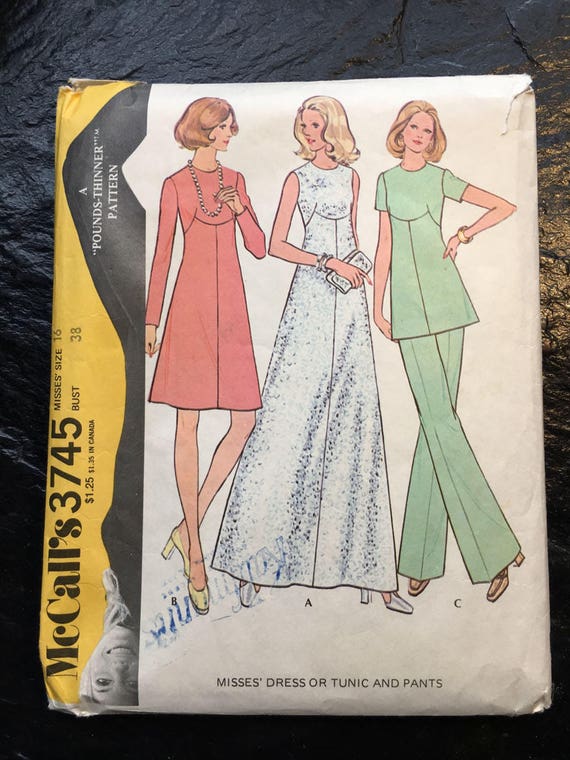 Vintage 1970s Dress or Tunic & Pants Pattern // McCall's 3745 > Size 16,  Bust 38 > A-line, suit, set > side zipper pants