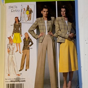 May include: A Simplicity sewing pattern for a 1940's Retro jacket and skirt. The pattern is for sizes 20W-28W. The pattern shows a plaid jacket with a yellow skirt and a brown jacket with wide-leg pants.