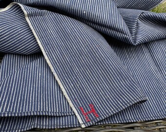 Antique Vintage Indigo Blue & White Stripe Denim Fabric W