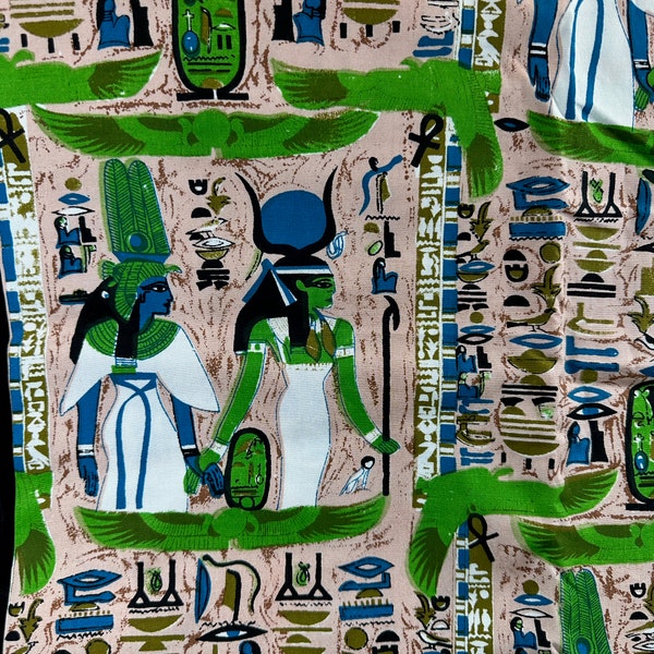 Vintage Mid-Century Egyptian Print Cotton Fabric // 72x36" > unused deadstock- hieroglyphics, pharaoh, falcons, cartouches, lime green, blue