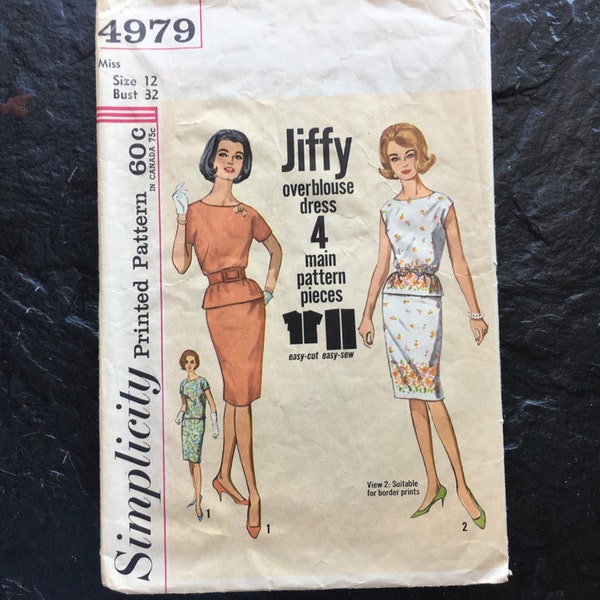 Vintage 1960s Overblouse 2 Piece Dress Pattern // Simplicity 4979 > Size 12 > Jiffy, easy, simple to make, border prints