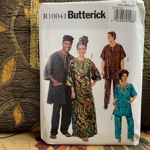 May include: A sewing pattern for a long, loose-fitting dress with a V-neck and a long-sleeved shirt with a round neck. The pattern is for sizes small, medium, large, and extra large. The pattern is from Butterick and the pattern number is R10041.