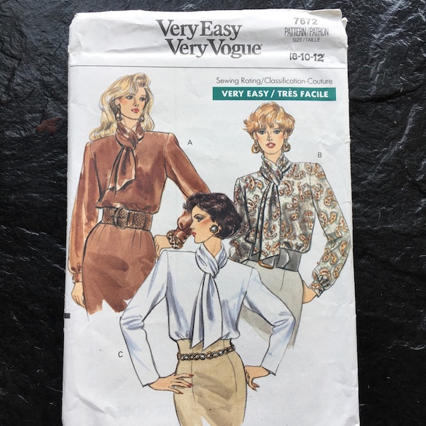 Vintage 1980s Blouse, Shirt Pattern // Vogue 7672 > sizes 8-10-12 > loose-fitting, shoulder pads, extended shoulders, sash bow tie neck