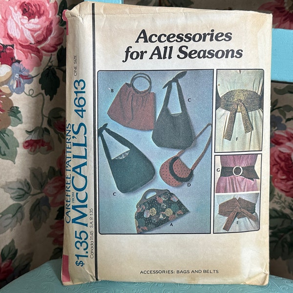 Vintage 1970s Accessories Pattern // McCall's 4613 > purse, pocketbook, cummerbund belt, sash, quilted, knitting bag, wooden handles