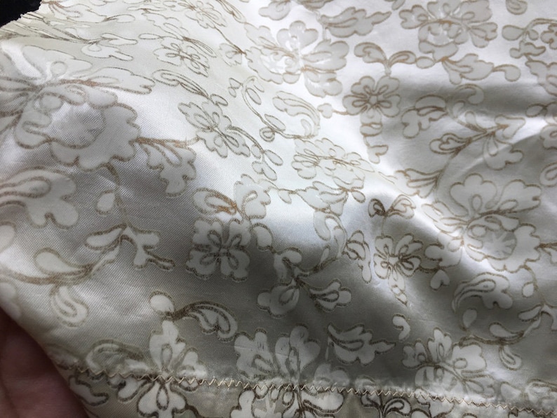 Vintage Curtain Panel 24x61x43 thin rayon satin printed with metallic gold floral scrolls Mid Century Decorator Fabric