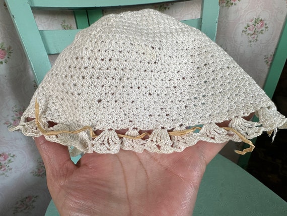 Antique Vintage Off-White Crocheted Baby Bonnet, … - image 6