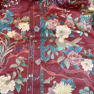 Gilded Cinnabar Chinoiserie Bird & Floral Polished Cotton Fabric // large scrap remnant &gt; 1982 Interior Fabric Design &gt; Scotchgard decorator
