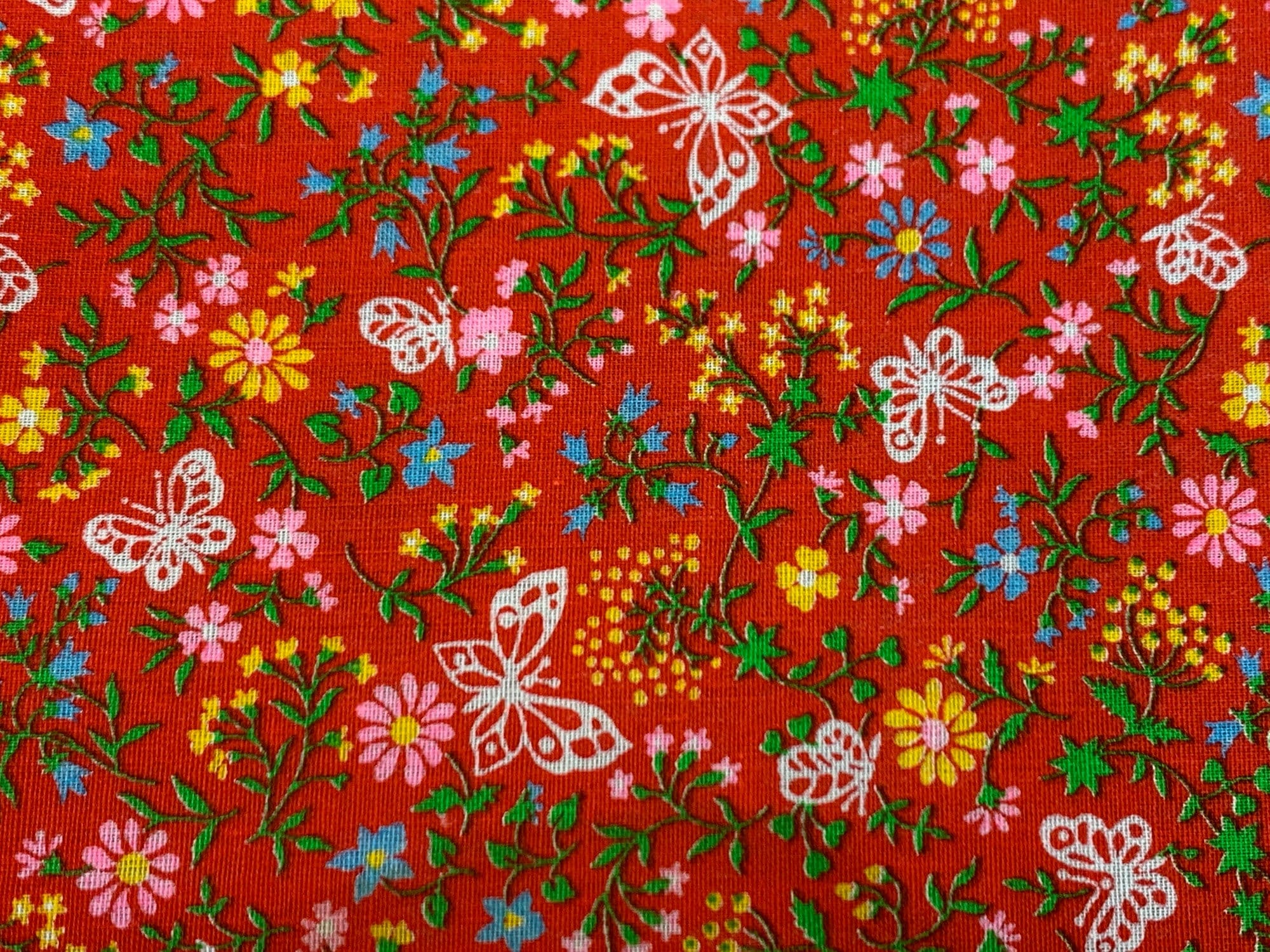 Vintage Bright Red Flower & Butterfly Calico Fabric / 36x9