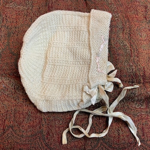 Antique Vintage Knit Ivory Wool Baby Bonnet, Cap // silk embroidery and satin ribbons