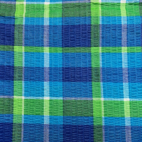 Vintage Pastel Plaid Seersucker Fabric // 72x46" > cotton, green, blue, turquoise plaid with texture > Tandem Textiles