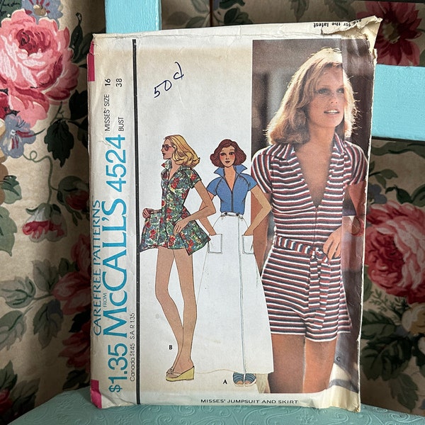 Vintage 1970s Misses' Jumpsuit & Skirt Pattern // McCall's 4524 > Sz 16 > Unused > playsuit, overskirt, polyester knits, stretch, collar