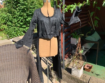 Antique Black Silk Damask & Jet Bead Fringe Jacket / long back, sides, short front, unusual sleeves > late Victorian, early 1900s, Edwardian