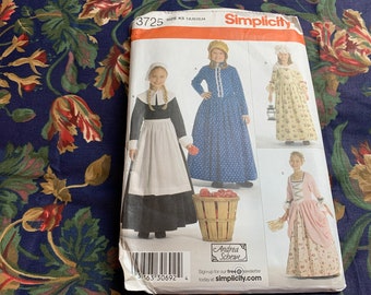 Child's 18th Century Costume Pattern-Andrea Schewe / Simplicity 3725 > 7-8-10-12-14 > 1700s, colonial, prairie, bonnet, reenactment