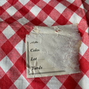 Antique Red Gingham Check Cotton Fabric w/ Label Remains // 44x35&quot; plus &gt; Unused, 1800s, Victorian, narrow width &gt; printed picnic check