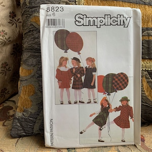 1980s Child&#39;s Dress Pattern // Simplicity 8823 &gt; Size 6 &gt; Unused &gt; prairie, dropped waist, bertha collar, gathered puffy sleeves