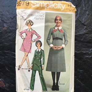 Vintageklänning från tidigt 1970-tal i två längder och byxmönster // Simplicity 8979 > Storlek 15 och 16