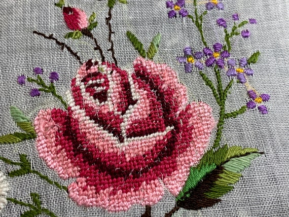 Vintage Micro Petit Point Floral Handkerchief // … - image 4