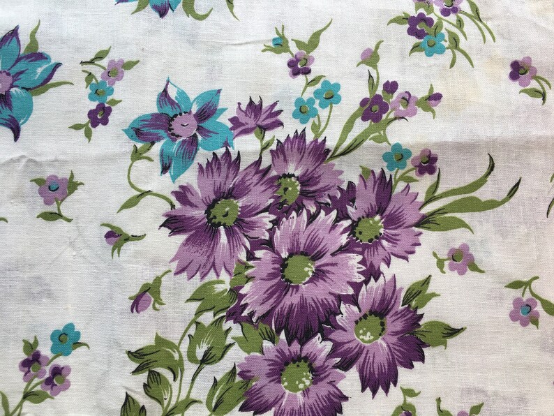 blue Vintage Purple Floral Cotton Muslin Fabric 27x36 and 60x36 green daisies and flowers Unused purple 2 pcs available