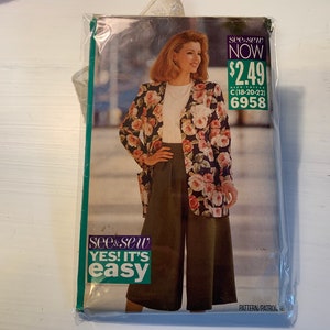 May include: A sewing pattern featuring a woman wearing a floral print jacket and dark green culottes. The pattern is titled "see & sew YES! IT'S easy" and has a price tag of $2.49. The pattern number is C(18-20-22) 6958.