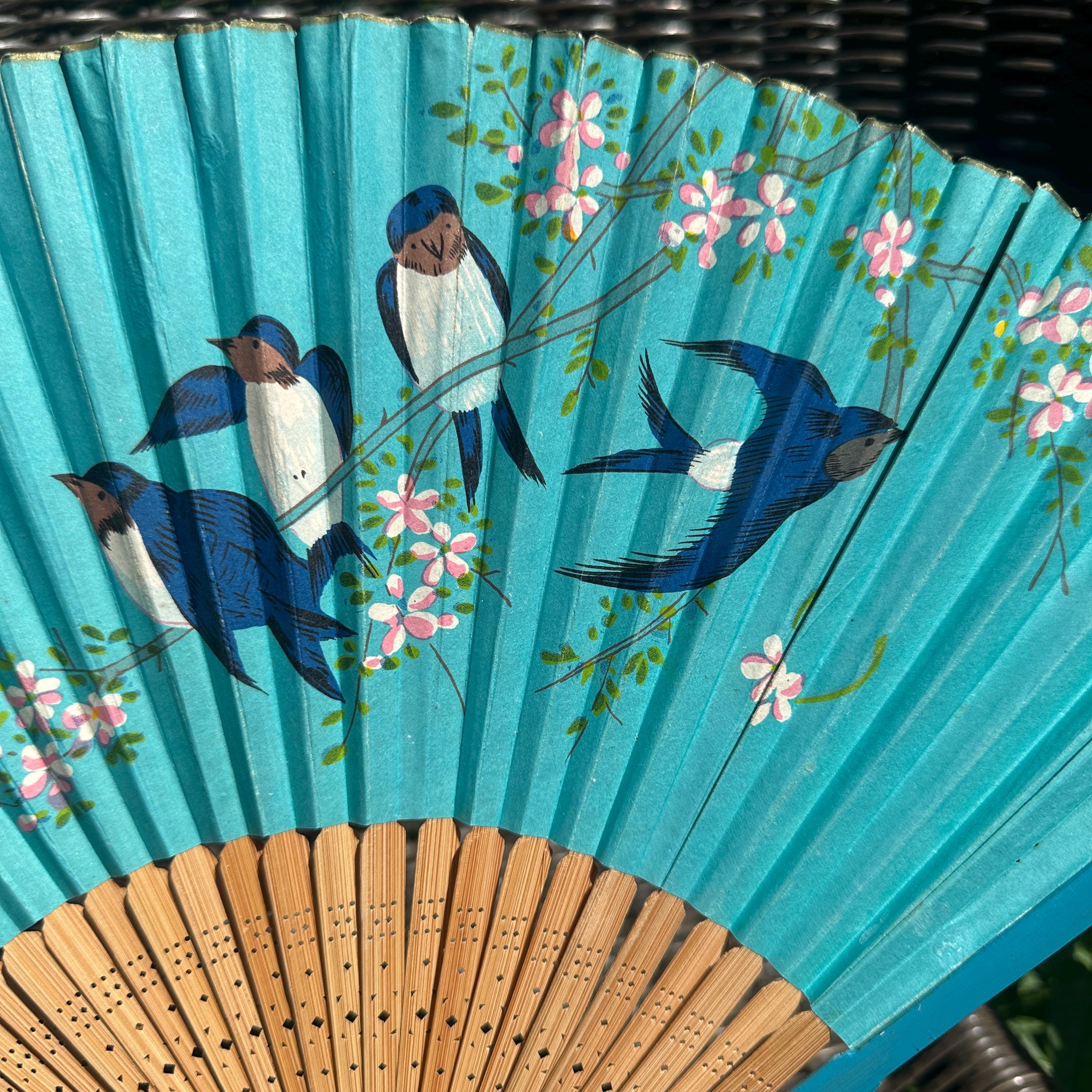 Vintage Blue Birds & Cherry Blossoms Folding Hand Fan // 10