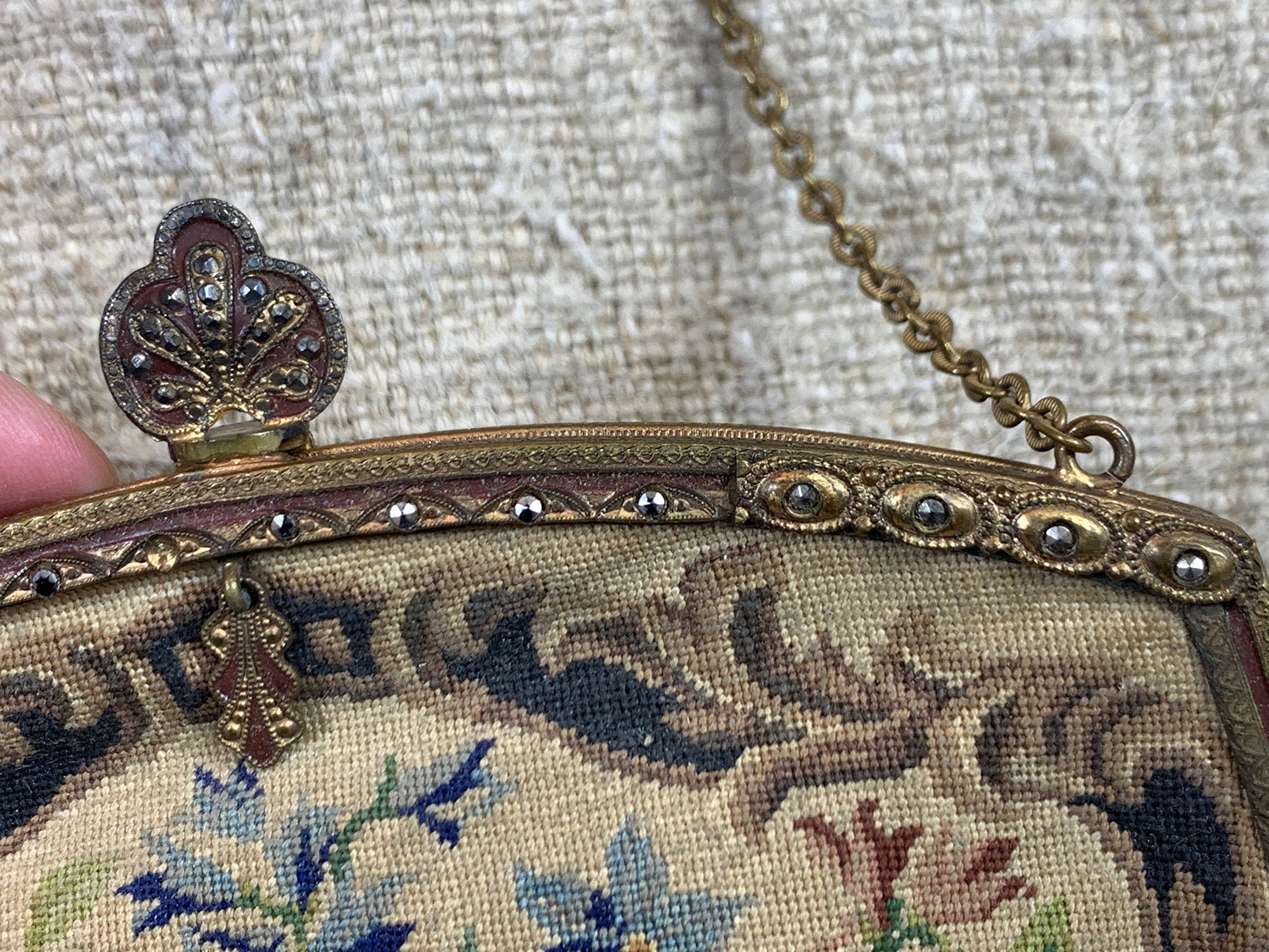Vintage Micro Petit Point Floral Purse W/cut Steel & Metal