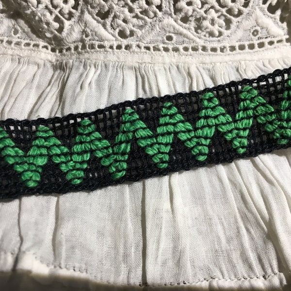Vintage Woven Cotton Ribbon Trim // 63x.75" > green & black ribbon, insertion, tape > bohemian, hippy, boho, saree