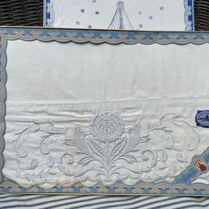 Vintage Maderite Embroidered Pillowcase Set // pair- each 42x36&quot; &gt; unused deadstock, unopened, still in fancy paper lace box, NOSS, labels