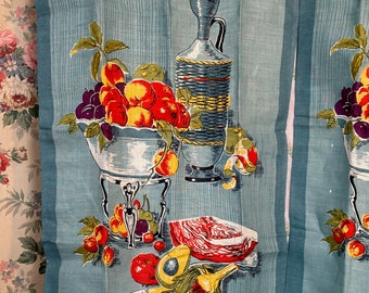 Vintage Printed Linen Kitchen Towels // 21x32" > NOS Unused deadstock > Mid-Century still life- fruits, veg, wicker wrapped wine bottle