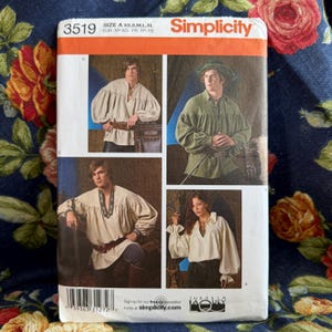 Men's, Teens' Historical Shirt Pattern- Pirate, Poet // Simplicity 3519 > Sz XS-S-M-L-XL > Unused - Uncut > loose, gathered blouse