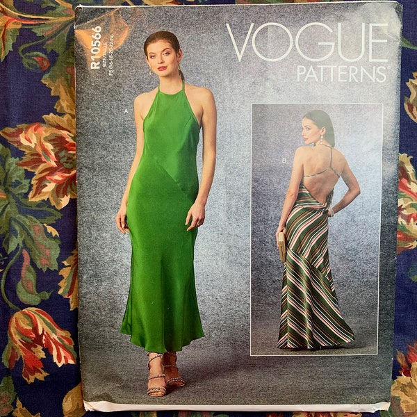 Vogue Special Occasion Dress Pattern // Vogue R10566 > Sizes 8-10-12-14-16 and/or 16-18-20-22-24 > Unused > bias cut gown, halter, open back