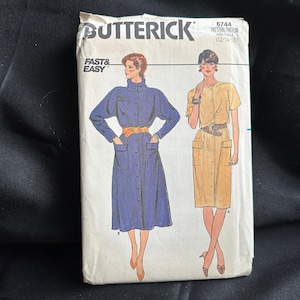 1980s Loose-Fitting Dress w/Optional Cowl Neck Collar Pattern // Butterick 6744 &gt; sz 12-14-16 &gt; Unused &gt; pockets, blouson bodice, coat dress