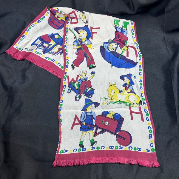 Vintage Novelty Children's Scarf // 11x33" > printed rayon crepe fabric, ABCs, washing dog, gardening, fishing, horse, playing, umbrella