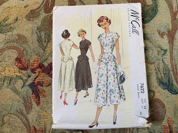 Vintage 1940s Peplum Dress Pattern McCall s 7622 Size 13 bust 31 keyhole neckline peplum cap sleeves below knee