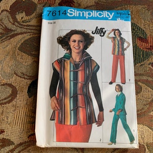 May include: A vintage sewing pattern for a sleeveless top with a striped design. The pattern is from Simplicity and is size 16. The pattern is called "Jiffy" and has a price of $1.50.