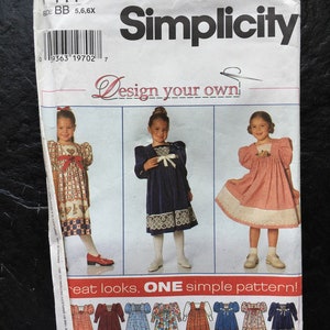 Kinderkleid - 9 Designs - Zusammengefasst zu Yoke, volles Röckemuster // Einfachheit 7411&gt; Größe 5, 6, 6X&gt; Unbenutzt&gt; lange oder kurze Puffärmel