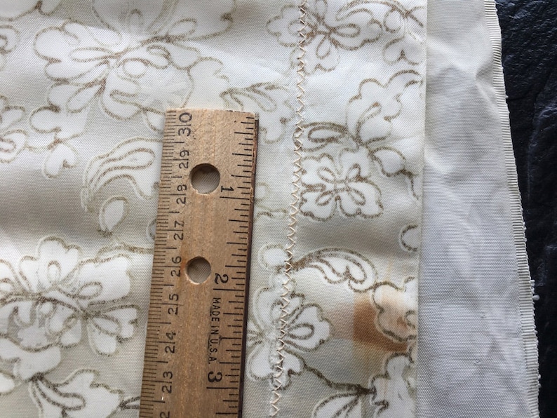 Vintage Curtain Panel 24x61x43 thin rayon satin printed with metallic gold floral scrolls Mid Century Decorator Fabric