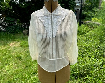 Vintage Tucked Sheer Nylon Blouse // Sz M-L 44" bust > 1940s - 1950s > full sleeves to elbow, buttons up in back, shirt, top, bodice, lace