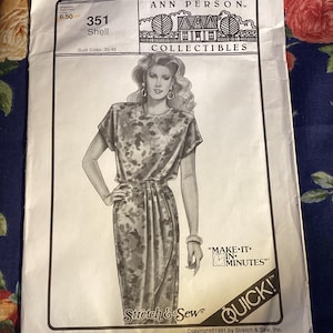 May include: A vintage sewing pattern by Ann Person Collectibles. The pattern, labeled "351 Shell," features a dress design with a model illustration. The pattern includes the text "Make it in Minutes" and "Stretch & Sew Quick!" Bust sizes range from 30-46 inches.