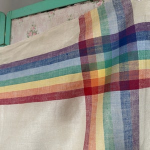 Vintage Rainbow Linen Tablecloth // 51x67" rectangular > Unused deadstock > rainbow stripe border, natural linen