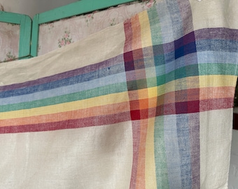 Vintage Rainbow Linen Tablecloth // 51x67" rectangular > Unused deadstock > rainbow stripe border, natural linen