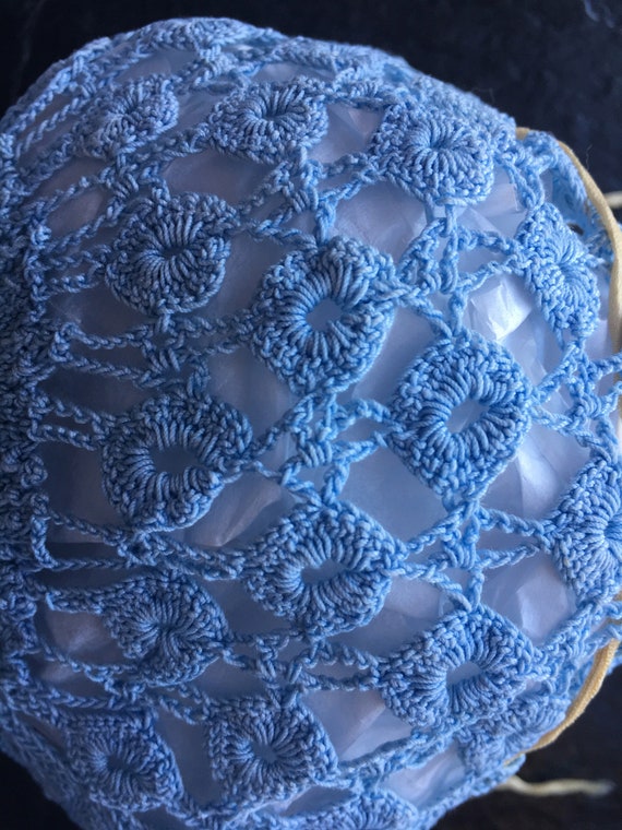 Antique Vintage Blue Crocheted Baby Bonnet, Cap /… - image 3