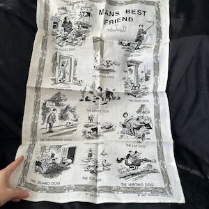 Vintage "Man's Best Friend" Linen Towel by Norman Thelwell // 19x29" > unused deadstock > Ulster Irish linen, dated 1962, funny cartoon dogs