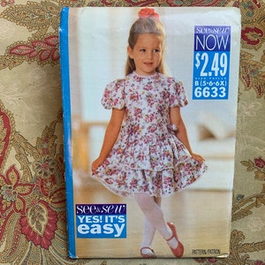 Children's, Girls' Dress Pattern // Butterick See & Sew 6633 > Sizes 5-6-6X > Unused > ruffled tiered skirt, puff sleeves