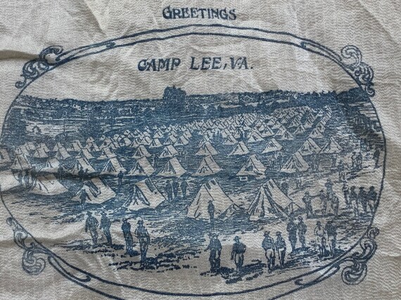 Antique Vintage WWI Sweetheart Handkerchief // 10x11" > Camp Lee, VA Greetings- tent encampment illustrated image, poem
