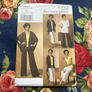 May include: Vogue Patterns V8641 sewing pattern. The pattern features five easy pieces, including a jacket, top, and pants. The cover shows illustrations of the finished garments in various styles. The pattern includes sizes 8-16.