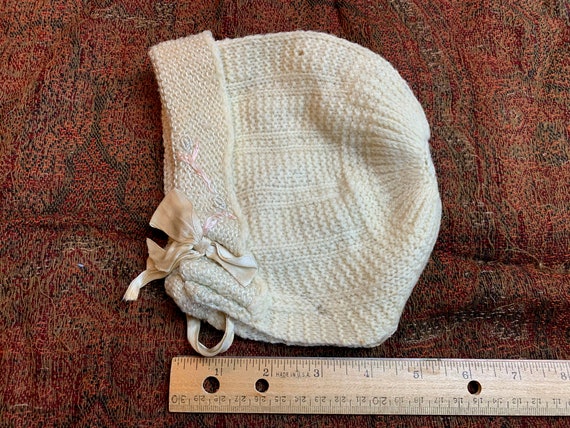 Antique Vintage Knit Ivory Wool Baby Bonnet, Cap … - image 7