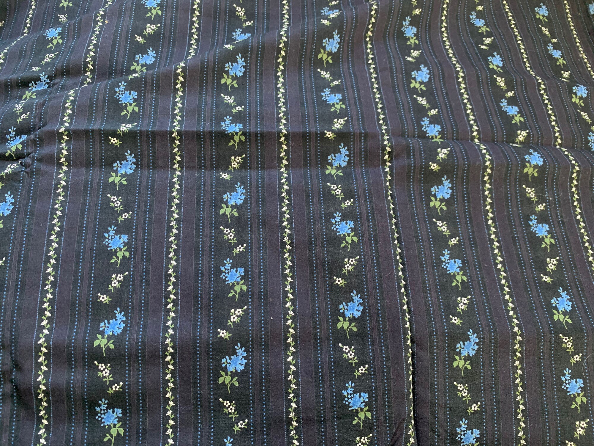 Vintage Black and Blue Floral Stripe Cotton Fabric // - Etsy
